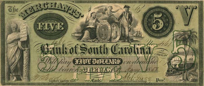 Merchants Bank of South Carolina - Cheraw, South Carolina - 1857 dated $5 Dollar Obsolete Note - U.S. Currency